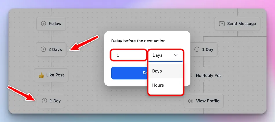 A screenshot showing a workflow diagram with a pop-up window for setting a delay. The workflow includes steps like 'Follow', '2 Days', 'Like Post', and '1 Day'. The pop-up window is titled 'Delay before the next action' and allows setting a delay duration, currently '1', and selecting a unit from a dropdown, which shows 'Days' and 'Hours'. Red arrows point to '2 Days', '1 Day', the input field '1', and the dropdown menu showing 'Days' and 'Hours'.
