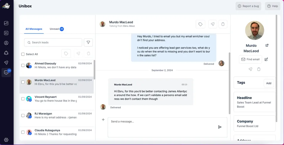 A screenshot of the Unibox messaging dashboard shows an email conversation with Murdo MacLeod. The left panel lists recent messages, and the right panel displays Murdo's profile information, including his headline as Sales Team Lead at Funnel Boost and his company, Funnel Boost Ltd.