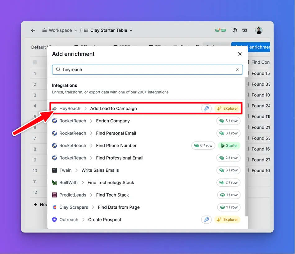 A screenshot of a software interface showing an 'Add enrichment' dialog box. The user has searched for 'heyreach' and the top result, 'HeyReach Add Lead to Campaign,' is highlighted by a red arrow and a red rectangle, indicating it has been selected. Below it are other integration options like RocketReach and Twain.
