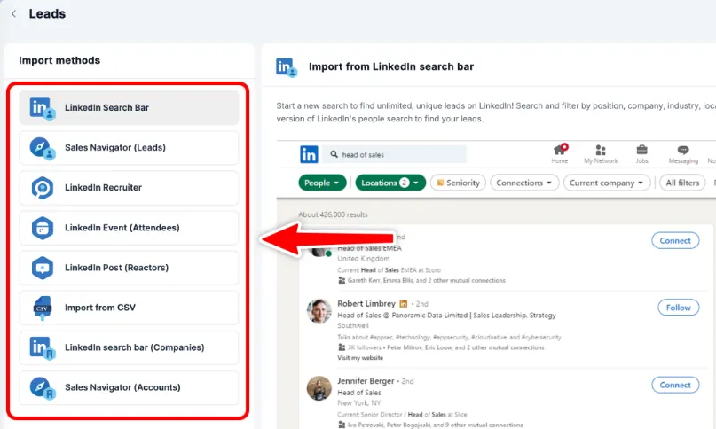 A screenshot displays the import methods section of a Leads management tool. The 'LinkedIn Search Bar' option is highlighted on the left, while the main content area shows an example of 'Import from LinkedIn search bar' results for 'head of sales' with a list of people. A red arrow points to the search results.