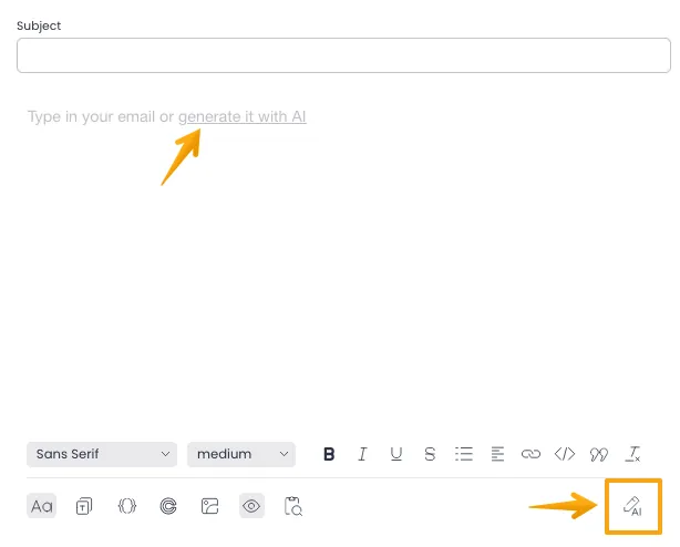 This image shows a user interface for composing an email. There is a subject line input field at the top, and below it, a larger text area with the prompt 'Type in your email or generate it with AI.' At the bottom of the screen, a toolbar with formatting options and an 'AI' button are visible.