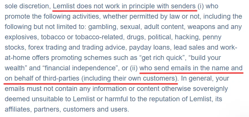 A screenshot of text from Lemlist's terms of service, outlining activities not permitted by the platform. The text discusses that Lemlist does not work with senders who promote certain activities or who send emails on behalf of third parties.