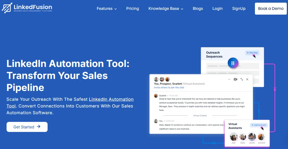 A screenshot of the LinkedFusion website shows 'LinkedIn Automation Tool: Transform Your Sales Pipeline' with a 'Get Started' button. On the right, various pop-up windows display features like 'Outreach Sequences,' a chat with a 'Virtual Assistant' named Scarlett, and 'Virtual Assistants' for managing accounts.