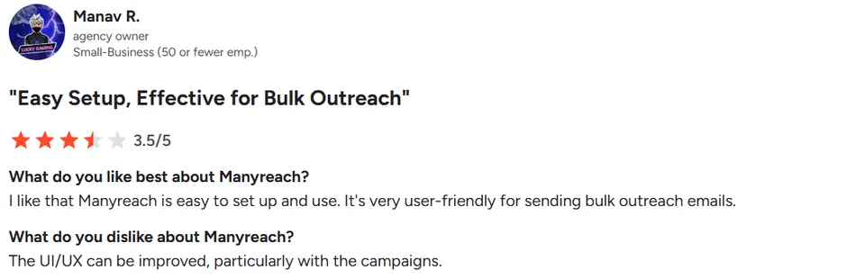 This image displays a customer review for a product or service named Manyreach. The reviewer, Manav R., an agency owner of a small business, gave a 3.5 out of 5-star rating and titled the review Easy Setup, Effective for Bulk Outreach. He likes that Manyreach is easy to set up and use and very user-friendly for sending bulk outreach emails, but dislikes that the UI/UX can be improved, particularly with the campaigns.