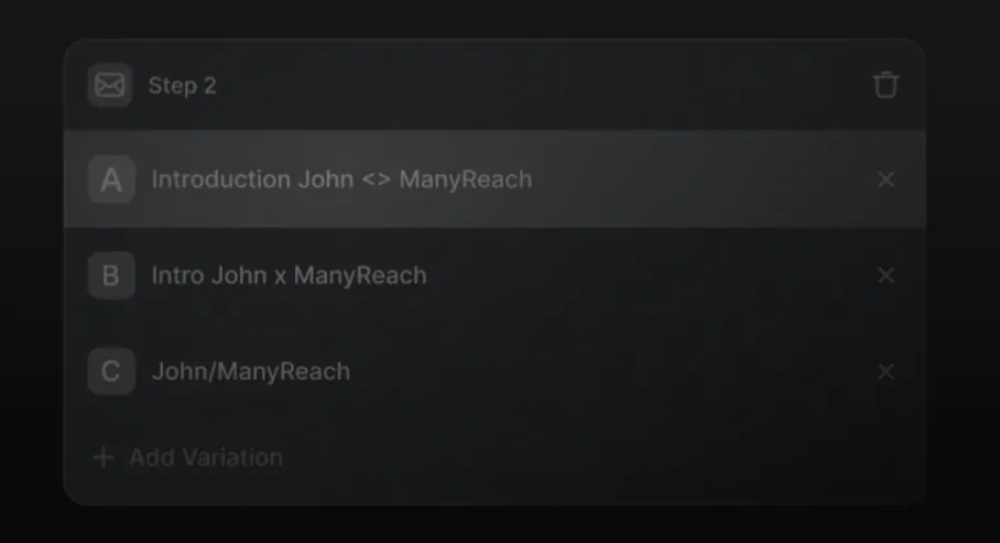 A dark mode user interface shows 'Step 2' with an envelope icon and a trash can icon. Below it are three email variations labeled A, B, and C, each with a close button. Option A, highlighted, reads 'Introduction John <-> ManyReach'. Option B reads 'Intro John x ManyReach'. Option C reads 'John/ManyReach'. At the bottom, there is a plus sign and 'Add Variation'.