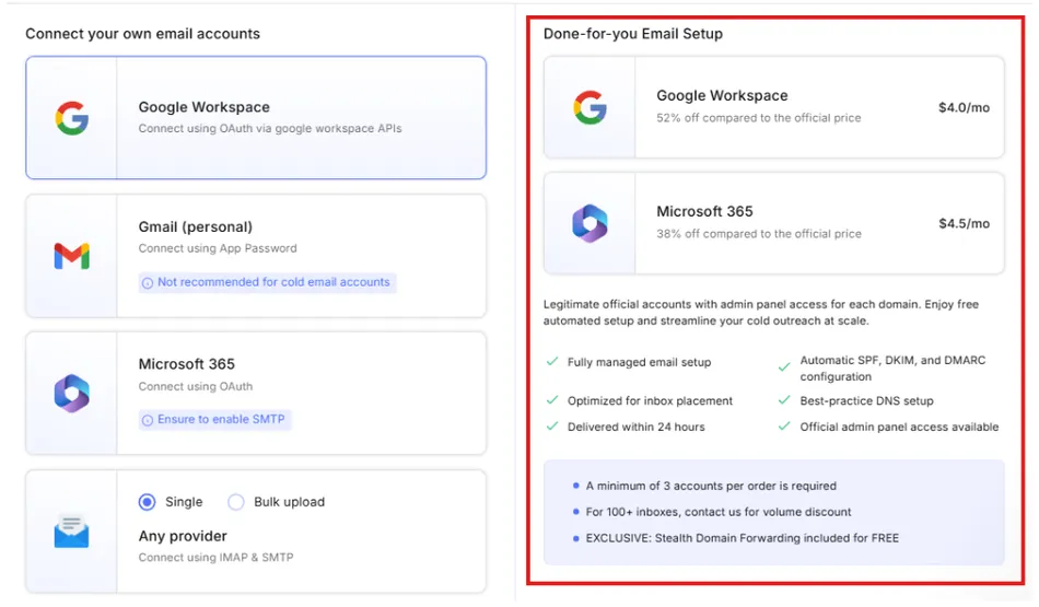 This image displays two main sections for email account setup. On the left, Connect your own email accounts, providing options for Google Workspace, Gmail personal, Microsoft 365, and Any provider via IMAP and SMTP. On the right, Done-for-you Email Setup, offering Google Workspace for $4.0 per month and Microsoft 365 for $4.5 per month, with details about managed setup, inbox optimization, and a minimum of 3 accounts per order.