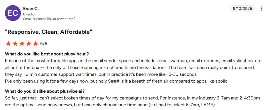 A screenshot of a customer review for PlusVibe AI, featuring a 5 out of 5 star rating, a positive headline, and detailed feedback on both likes and dislikes. The review is from Evan C., a Director at a small business, and is dated September 10, 2025.