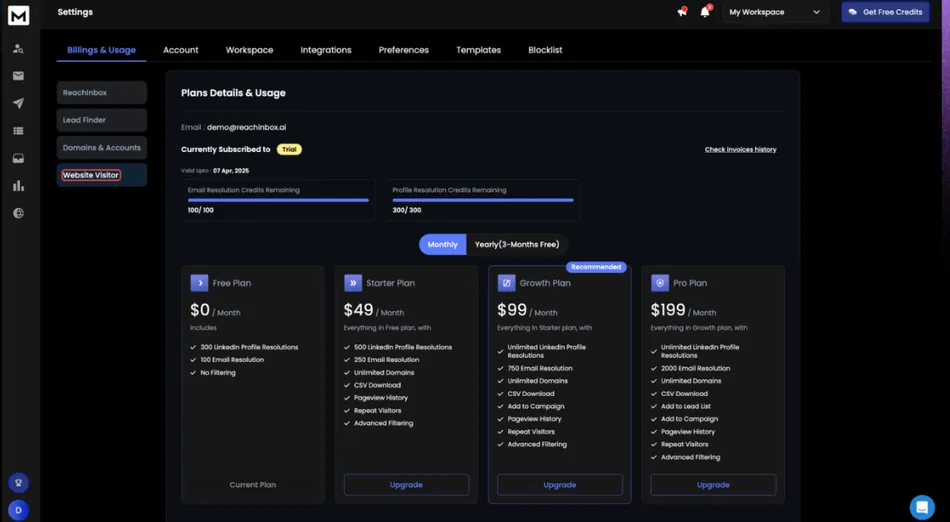 This is a screenshot of a web application's settings and billing page. The main content area shows 'Plans Details & Usage' with information about email and profile resolution credits, a 'Monthly' and 'Yearly' toggle, and four plan options: Free, Starter, Growth, and Pro, each with their pricing and features listed. The Growth plan is highlighted as 'Recommended.' A left sidebar has navigation options like 'Reachinbox,' 'Lead Finder,' and 'Website Visitor,' which is currently selected.