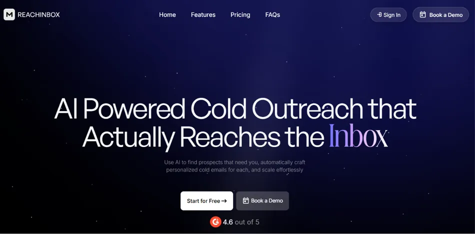 A dark blue website with white text that reads AI Powered Cold Outreach that Actually Reaches the Inbox. Below that is smaller text and two buttons. In the top right are Sign In and Book a Demo buttons. The website also shows a 4.6 out of 5 rating from G2.