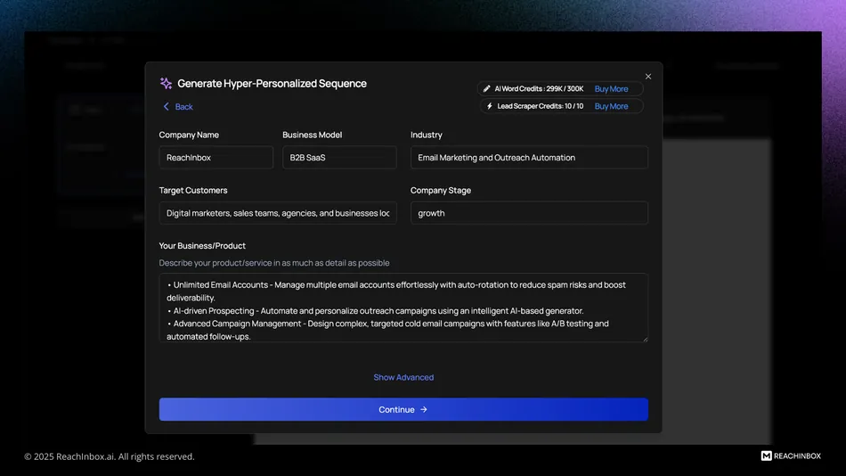 A screenshot of a dark-themed digital form titled Generate Hyper-Personalized Sequence, featuring input fields for Company Name, Business Model, Industry, Target Customers, Company Stage, and Your Business/Product description. Current input values include Reachinbox, B2B SaaS, Email Marketing and Outreach Automation, Digital marketers, sales teams, agencies, and businesses, growth, and a detailed description of email management, AI-driven prospecting, and advanced campaign management features. The form also displays AI Word Credits and Lead Scraper Credits at the top right, with options to Buy More.
