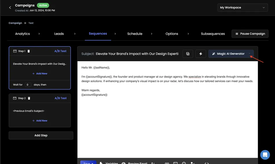 A screenshot of an email sequence builder interface. It shows a list of steps on the left, with the first step expanded to reveal an email subject line and content area for editing on the right.