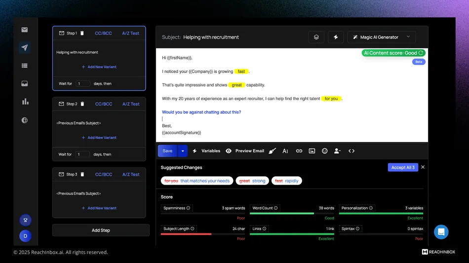A dark themed email editor interface is displayed showing an email draft with AI-generated suggestions and a scoring system. The email subject is 'Helping with recruitment' and the body includes personalized fields like firstName and Company, with highlighted words like 'fast', 'great', and 'for you' where suggestions are provided. The bottom section shows metrics like Spamminess, Word Count, Subject Length, Links, Personalization, and Spintax, each with a progress bar indicating its score.