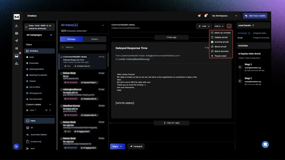 A screenshot of a dark-themed email dashboard named Onebox showing an inbox list on the left, an open email with the subject Delayed Response Time in the center, and lead details including activities on the right. A dropdown menu is open showing options like Mark as unread, Delete email, Archive email, Block email, Block domain, and Pause Lead.