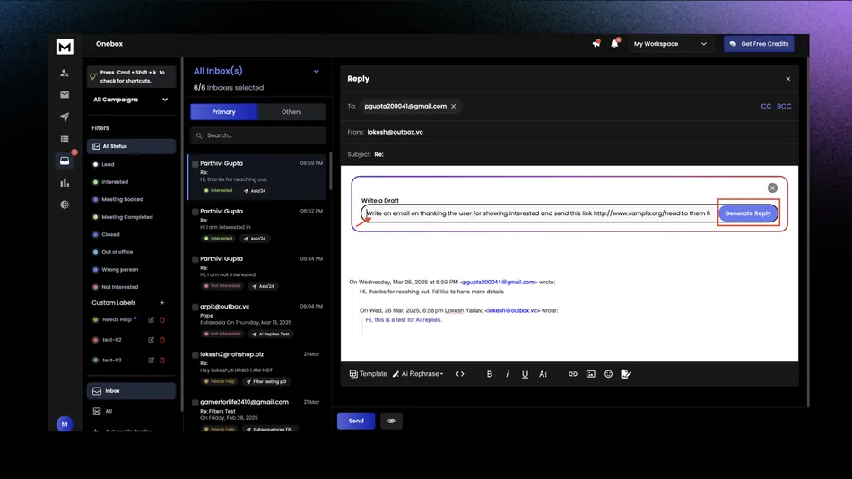 This image shows a dark mode email interface for 'Onebox' with an open reply window. The reply window includes a 'Write a Draft' section where a user can input text for an AI-generated reply, along with a 'Generate Reply' button. The email is addressed to pgputa200041@gmail.com from lokesh@outbox.vc, with the subject 'Re:'.