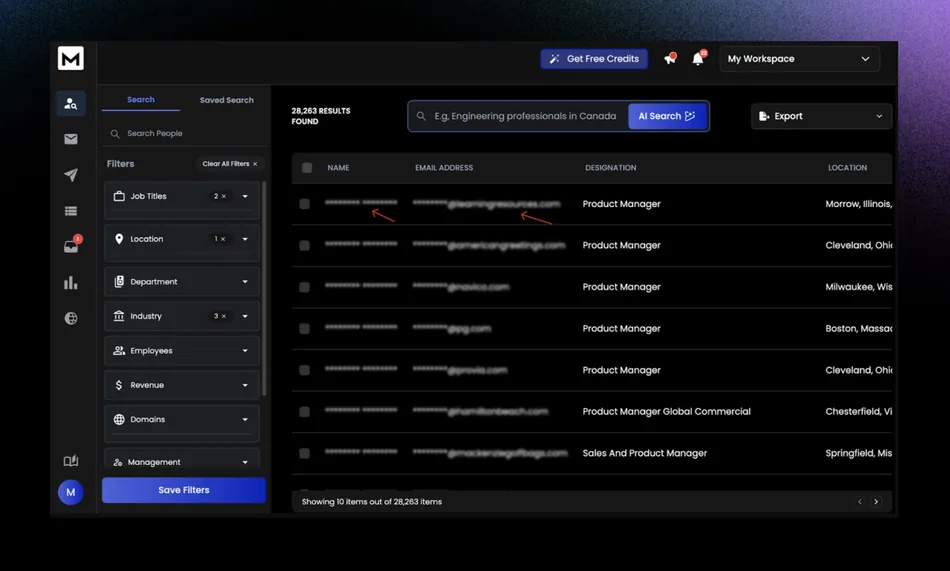 A dark themed user interface for a data search dashboard is shown. It features filters on the left, a search bar with AI search functionality at the top, and a table displaying search results including names, email addresses, designations, and locations.
