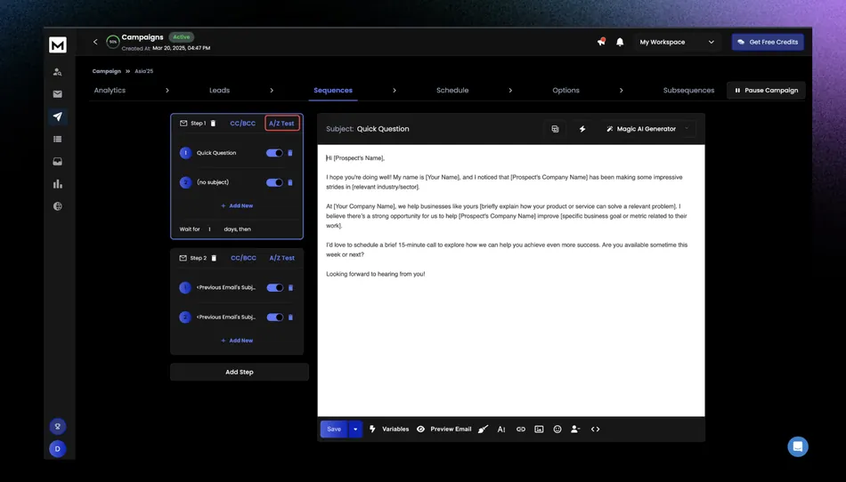 A screenshot of a campaign sequence editor interface, showing an email template on the right and a list of email steps on the left. The first step shows two emails Quick Question and no subject, with A/Z Test selected for the step. The email template displays a personalized message with placeholders for prospect and company names.