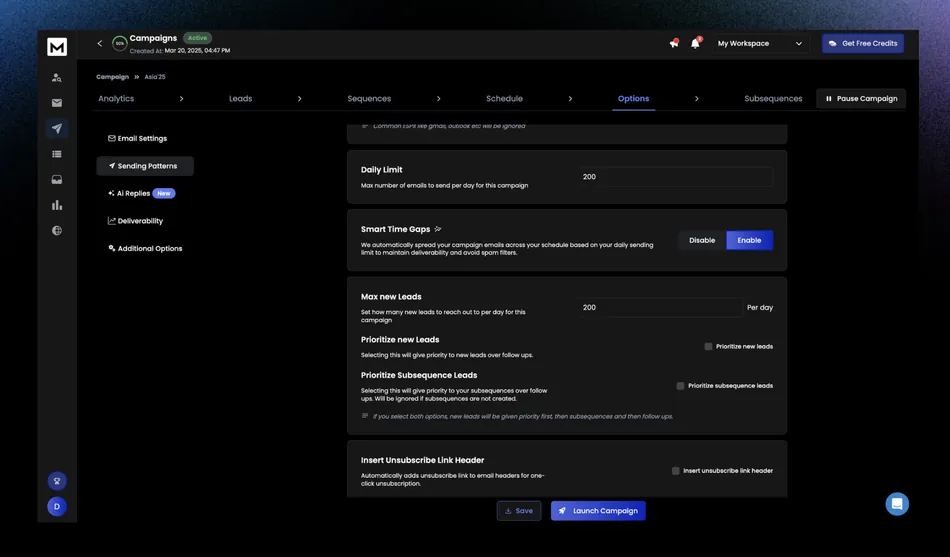 A screenshot of a dark-themed web interface for email campaign settings, displaying options like daily limit, smart time gaps, max new leads, prioritize new leads, prioritize subsequence leads, and an option to insert an unsubscribe link header. The 'Options' tab is currently active.