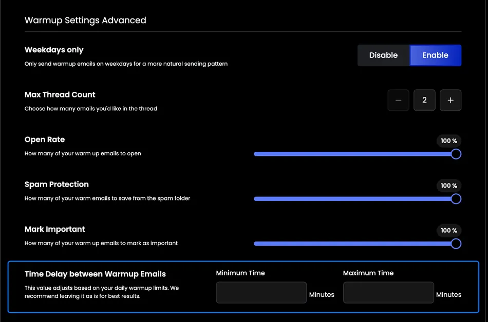 This is a screenshot of the Warmup Settings Advanced page with a dark theme. It features various email warmup settings including Weekdays only, Max Thread Count, Open Rate, Spam Protection, Mark Important, and Time Delay between Warmup Emails.