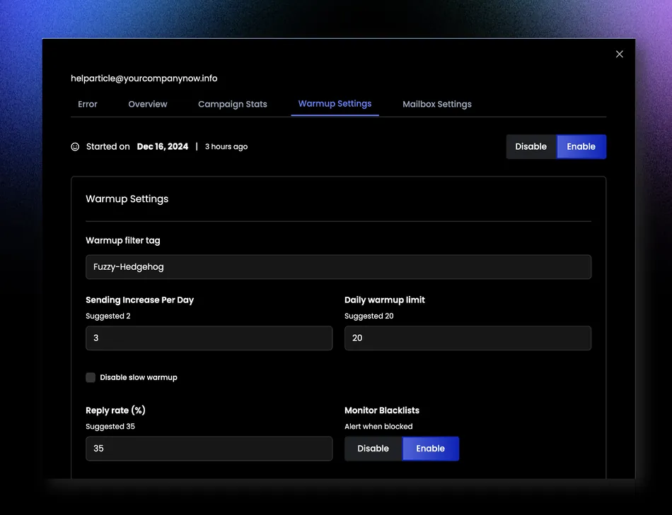 A screenshot of an email warmup settings page. It shows various configurations for an email account, including a 'Warmup filter tag' set to 'Fuzzy-Hedgehog', a 'Sending Increase Per Day' of 3, a 'Daily warmup limit' of 20, a 'Reply rate %' of 35, and an enabled 'Monitor Blacklists' feature. The warming process started on December 16, 2024, three hours ago.