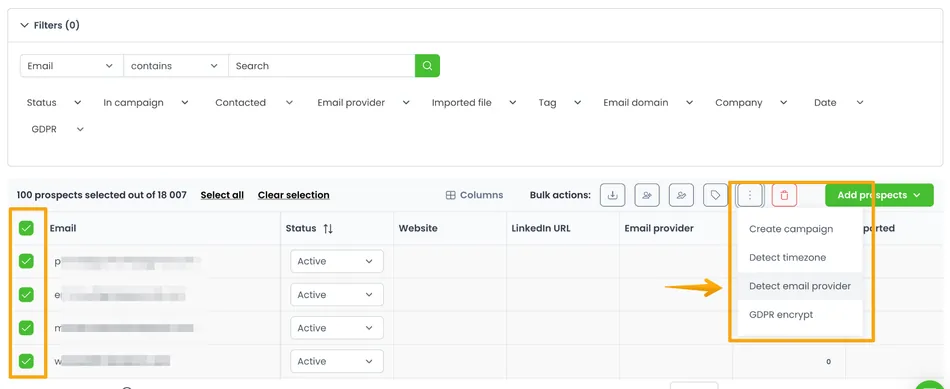 A screenshot of a web application showing a table of prospects. Several email addresses are selected in the table and a dropdown menu is open showing actions like Create campaign, Detect timezone, Detect email provider, and GDPR encrypt.