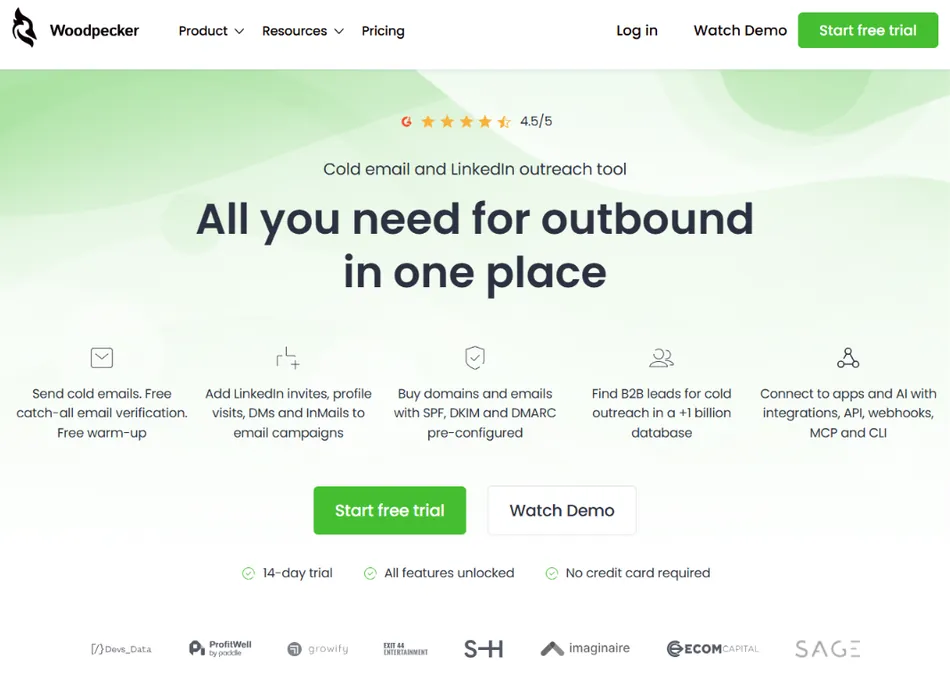 The Woodpecker homepage displays the company logo and navigation bar at the top, a headline 'All you need for outbound in one place,' a 4.5/5 star rating, and five feature descriptions with icons below. A prominent green button says 'Start free trial' and a secondary button says 'Watch Demo,' with details about the trial period and a row of partner logos at the bottom.