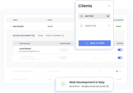 A screenshot of a web application showing a client management dashboard. It displays a list of clients, including East Garden owned by Jarod, along with active accounts, team members, and guest viewers. A sidebar on the right shows a 'Clients' menu with 82 active and 7 inactive clients, and an 'Add Client' button. At the bottom, a notification reads 'Web Development in Italy' sent from multiple email accounts.