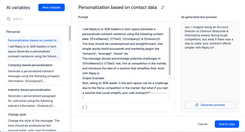 This image shows a user interface for AI variables in a product. The left panel lists different personalization and style options, with 'Personalization based on contact data' highlighted. The main section displays a prompt for generating a personalized outreach sentence and an AI generated text preview.