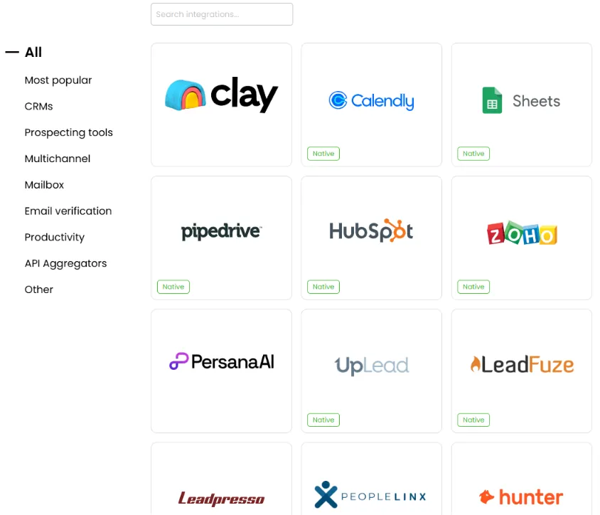 A screenshot of an integrations page showing a list of categories on the left and various application logos with 'Native' labels on the right. Categories include Most popular, CRMs, Prospecting tools, Multichannel, Mailbox, Email verification, Productivity, API Aggregators, and Other. The displayed application logos include Clay, Calendly, Sheets, Pipedrive, HubSpot, Zoho, PersanaAI, UpLead, LeadFuze, Leadpresso, PeopleLinx, and Hunter.