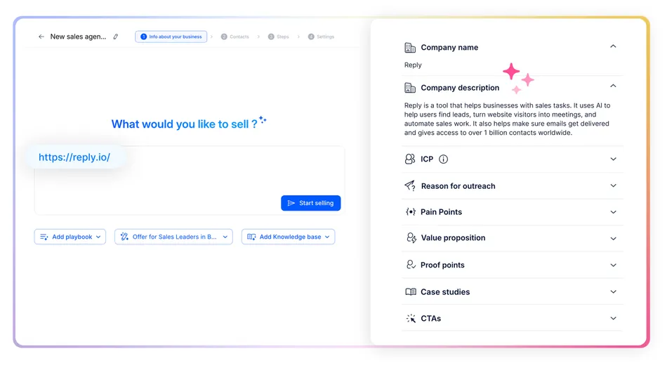 A screenshot of an AI powered sales tool interface with two main sections. The left section prompts the user to input what they want to sell via a URL, which is pre-filled with 'https://reply.io/'. There are also options to add a playbook, offer, or knowledge base. The right section displays automatically generated information about the company 'Reply', including its name, description, and categorized details like ICP, reason for outreach, pain points, value proposition, proof points, case studies, and CTAs.