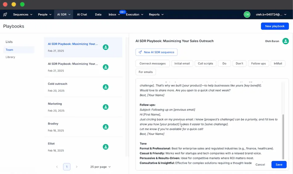 A screenshot of a sales outreach platform shows a playbook for maximizing sales outreach. The interface displays a list of playbooks on the left, including 'AI SDR Playbook' and 'Cold outreach,' each with a date and an associated user icon. The main section on the right details the selected 'AI SDR Playbook,' showing options like 'New AI SDR sequence' and buttons for 'Connect messages,' 'Initial email,' 'Call scripts,' 'Do,' 'Don't,' 'Follow ups,' and 'InMail.' Below these buttons, an email template is visible, including sections for an initial email, follow-ups, and tone options such as 'Formal & Professional,' 'Casual & Friendly,' 'Persuasive & Results-Driven,' and 'Consultative & Insightful.' A 'Save' button is at the bottom right.
