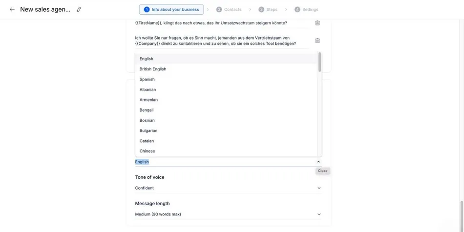 A screenshot of a web interface for a 'New sales agent' configuration. The screen shows a form with fields for language selection, with 'English' currently highlighted, tone of voice set to 'Confident', and message length set to 'Medium 90 words max'. At the top, there are navigation steps: Info about your business, Contacts, Steps, and Settings.