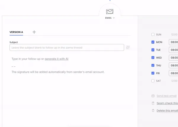 This image displays a clean, minimalist email composition interface, likely for a marketing or automation platform. It features fields for 'Subject' and the email body, with options to 'generate it with AI' and a note about automatic signature addition. On the right, there's a scheduling section with checkboxes for days of the week and corresponding times, showing Monday through Friday checked at 08:00, along with options to 'Send test email', 'Spam check this', and 'Delete this email'.