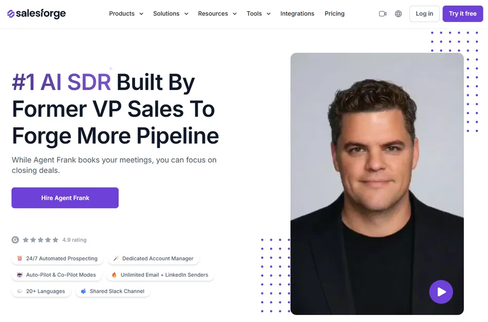A screenshot of a Salesforce webpage for 'Agent Frank', an AI SDR. The page features the text '#1 AI SDR Built By Former VP Sales To Forge More Pipeline' and a 'Hire Agent Frank' button. To the right is a headshot of a man with dark, wavy hair, looking directly at the camera. Below the main text, several features are listed with icons, including '24/7 Automated Prospecting', 'Dedicated Account Manager', 'Auto-Pilot & Co-Pilot Modes', 'Unlimited Email + LinkedIn Senders', '20+ Languages', and 'Shared Slack Channel'. A 4.9 rating with stars is also visible.