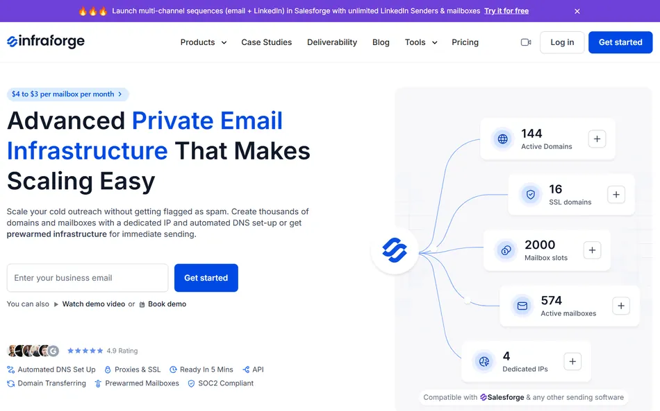 A screenshot of the Infrforge website displaying their 'Advanced Private Email Infrastructure That Makes Scaling Easy' service. The page features a headline, a description of the service, an email input field with a 'Get started' button, and key features such as active domains, SSL domains, mailbox slots, active mailboxes, and dedicated IPs.