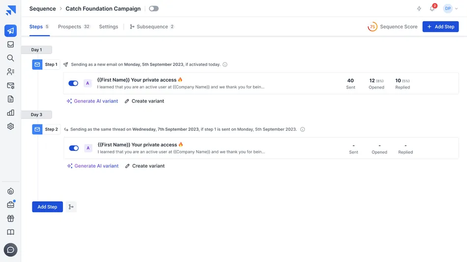 A screenshot of an email sequence dashboard showing two steps for a Catch Foundation Campaign. Step 1 is scheduled for Day 1 and has sent 40 emails, with 12 opened and 10 replied. Step 2 is scheduled for Day 3 and shows no metrics yet.