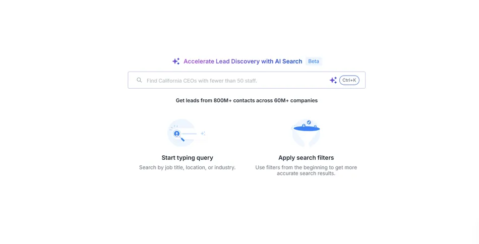 A screenshot of an AI-powered lead discovery tool's interface, featuring a search bar that says 'Find California CEOs with fewer than 50 staff.' Below the search bar, it states 'Get leads from 800M+ contacts across 60M+ companies,' with two illustrated options for 'Start typing query' and 'Apply search filters.'