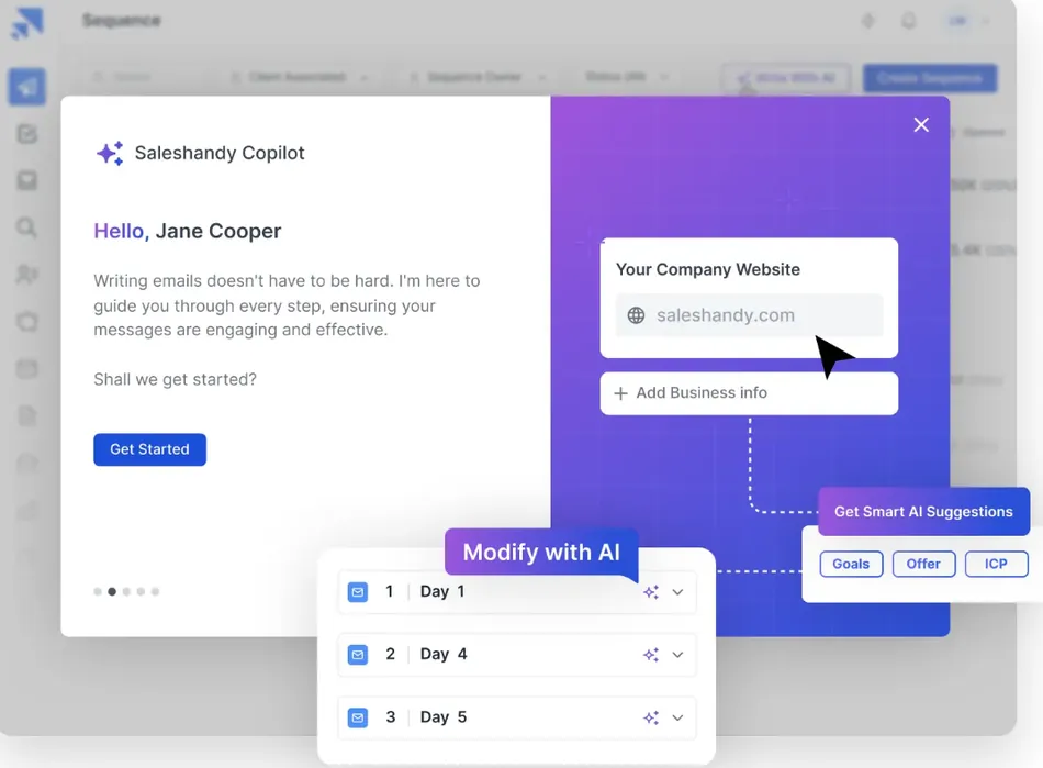 A screenshot of the Saleshandy Copilot interface shows a popup with the title 'Saleshandy Copilot' and a welcome message to 'Hello, Jane Cooper.' On the right, a purple section titled 'Your Company Website' contains an input field with 'saleshandy.com' and an 'Add Business info' button. Below, a white card with 'Modify with AI' is partially visible, listing 'Day 1', 'Day 4', and 'Day 5' emails. A pointer indicates 'saleshandy.com' and a dashed line connects to a 'Get Smart AI Suggestions' box with 'Goals', 'Offer', and 'ICP' buttons.