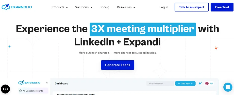 A screenshot of the Expandi.io website homepage, featuring the slogan 'Experience the 3X meeting multiplier with LinkedIn + Expandi' and a 'Generate Leads' button. The bottom section shows a partial view of a dashboard with 'All LinkedIn accounts' visible on the left.