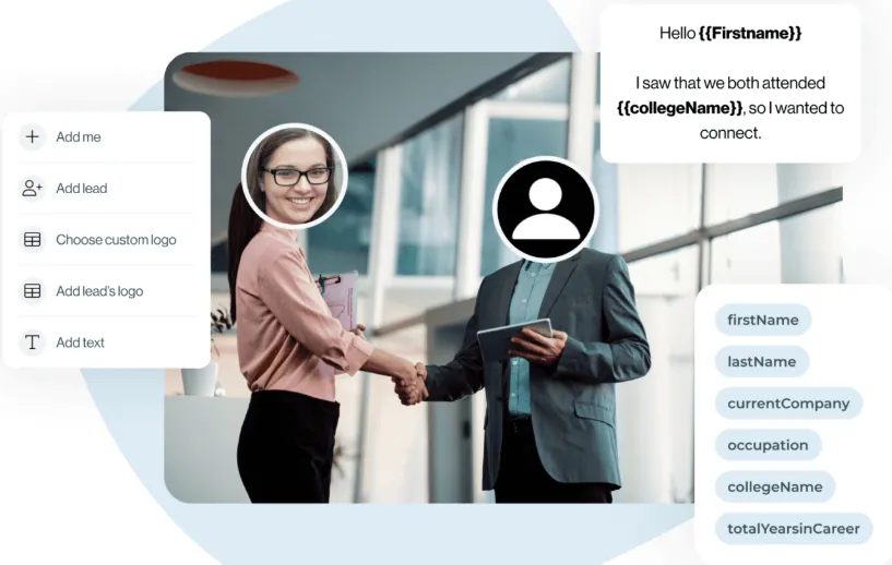 A graphic representing AI-powered data automation shows a handshake between two people, with one person's face shown and the other's replaced by a generic avatar. On the left, a menu with options like 'Add me' and 'Add lead' is displayed. On the right, two chat bubbles contain a personalized message template, and a list of data fields like 'firstName', 'lastName', and 'collegeName' are shown.