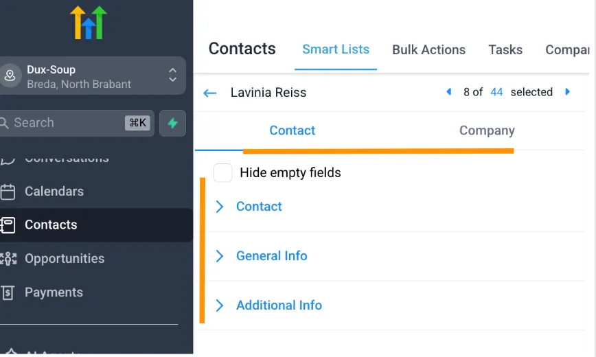 This image shows a CRM interface with a dark sidebar on the left and a main content area on the right. The sidebar shows a logo with three upward arrows in different colors, a location labeled Dux-Soup, Breda, North Brabant, a search bar, and navigation items like Conversations, Calendars, and Contacts which is highlighted. The main content area displays contact details for Lavinia Reiss, showing '8 of 44 selected'. There are tabs for Contact and Company, with 'Contact' currently selected. Below this, there's a checkbox labeled 'Hide empty fields' and expandable sections for 'Contact', 'General Info', and 'Additional Info'.