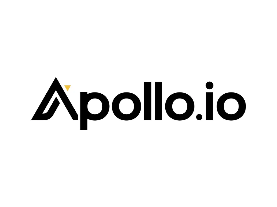The image displays the black text 'Apollo.io' against a white background. The 'A' in Apollo is stylized with a yellow triangular accent at the top. The rest of the letters are lowercase and in a sans-serif font.