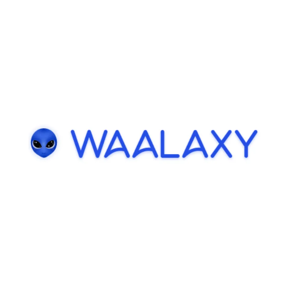 The Waalaxy logo features a blue alien head icon to the left of the word Waalaxy, all in a bright blue font on a white background.