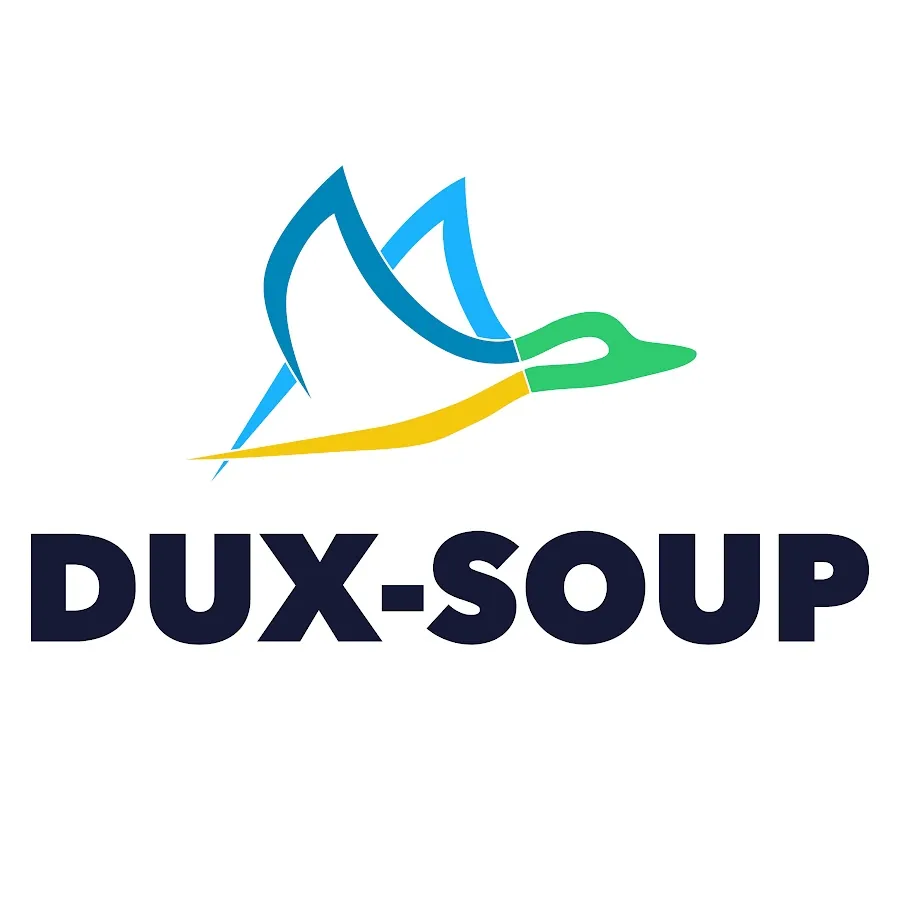 A logo featuring a stylized blue, light blue, yellow, and green duck in flight above the text 'DUX-SOUP' in dark blue capital letters.