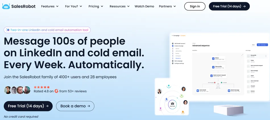 A screenshot of the SalesRobot website homepage shows a blue and white theme. The main headline reads, Message 100s of people on LinkedIn and cold email. Every Week. Automatically. The page features product screenshots displaying workflow automation steps and profile icons.
