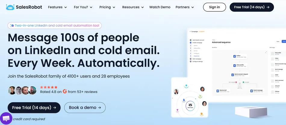A screenshot of the SalesRobot website homepage. It features a prominent headline 'Message 100s of people on LinkedIn and cold email. Every Week. Automatically.' below a 'Two-in-one LinkedIn and cold email automation tool' tag. The page displays various UI elements like navigation links, call-to-action buttons for 'Free Trial 14 days' and 'Book a demo', user testimonials, and an illustration of a workflow diagram for an 'Advanced sequence' with steps like 'Follow', 'View profile', and 'Send connect request'.