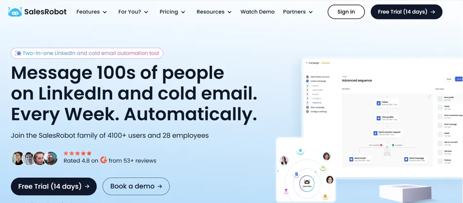 A screenshot of the SalesRobot homepage featuring the company logo, navigation menu, and a prominent headline, 'Message 100s of people on LinkedIn and cold email. Every Week. Automatically.' Below the headline are user testimonials and two call-to-action buttons for a free trial or booking a demo. On the right, a detailed interface shows a workflow for an 'Advanced sequence' with steps like 'Follow,' 'View profile,' 'Send connect request,' 'Send email,' and 'Send message.'