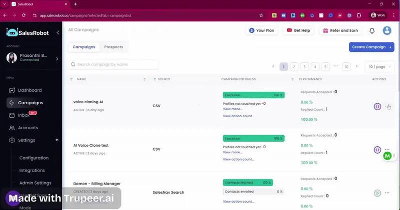 A screenshot of the SalesRobot dashboard, displaying a list of campaigns. The left sidebar shows navigation options including Dashboard, Campaigns, Inbox, Accounts, Settings, Configuration, Integrations, and Admin Settings. The main content area displays a 'Campaigns' tab with a search bar and a list of campaigns, each with details such as name, source, campaign progress bar, performance metrics like requests accepted and replied count, and action buttons including play or pause. The top right corner has buttons for Your Plan, Get Help, Refer and Earn, and Create Campaign.