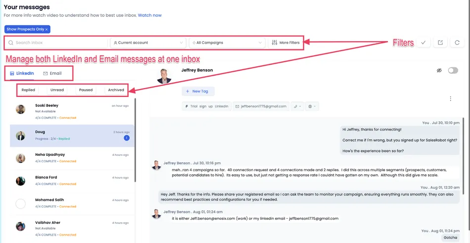 This image displays a user interface for managing messages, combining LinkedIn and email communications in one inbox. The interface includes filtering options at the top for current account, campaigns, and more, as well as tabs for organizing messages by Replied, Unread, Paused, and Archived.