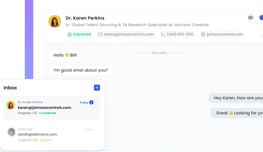 This is a screenshot of a messaging application with an inbox on the left and a chat conversation on the right. The chat shows a conversation with Dr. Karen Perkins from Johnson Controls, along with her contact information.