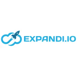 The image shows the Expandio logo on a black background. The logo features a stylized blue cloud with an arrow or rocket launching from it on the left, followed by the word EXPAND.IO in a distressed blue font.